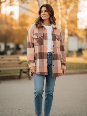 BKE Plaid Button Up Flannel Shacket Brown Peach Cream Size Small